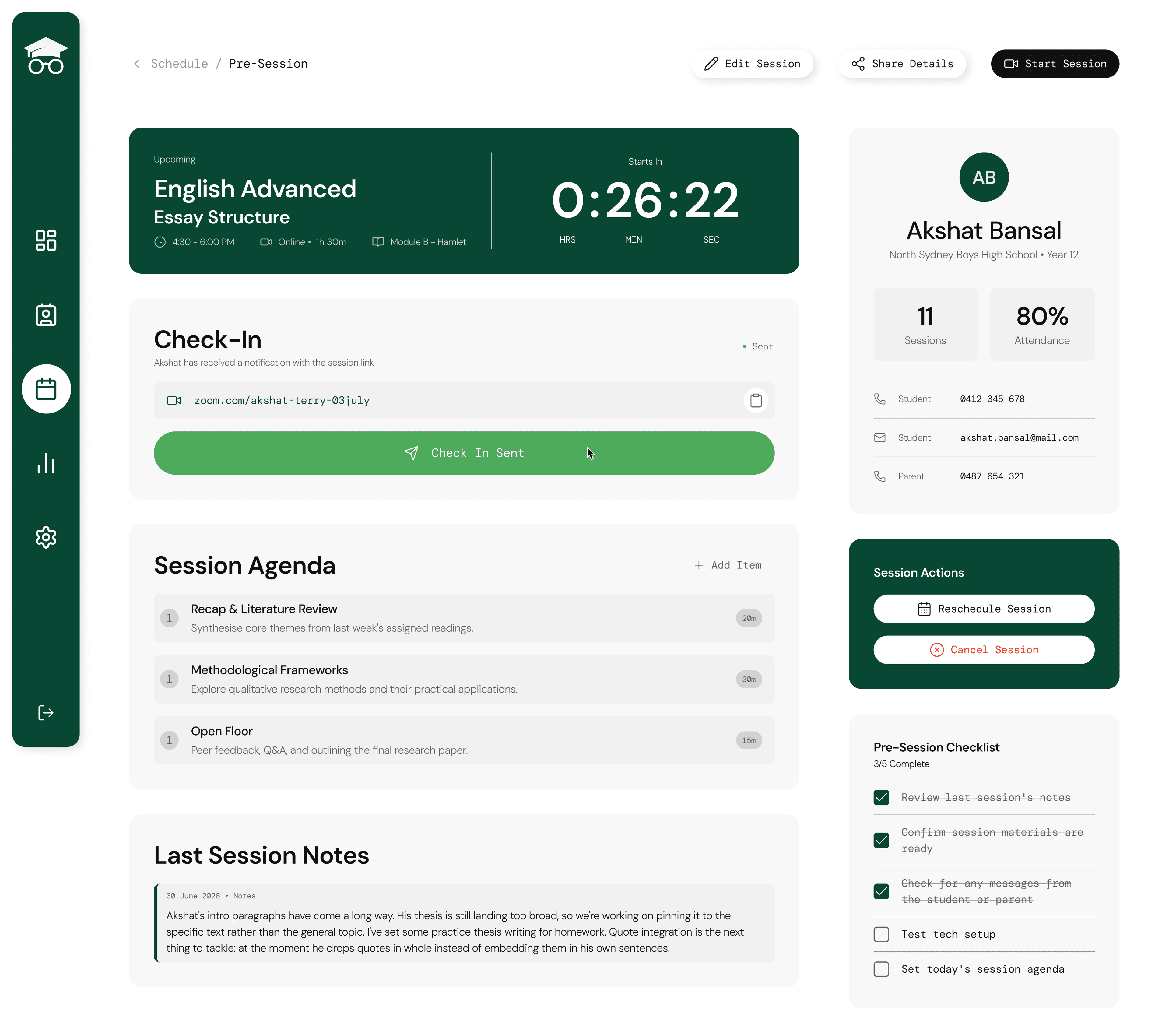 Pre-Session interface