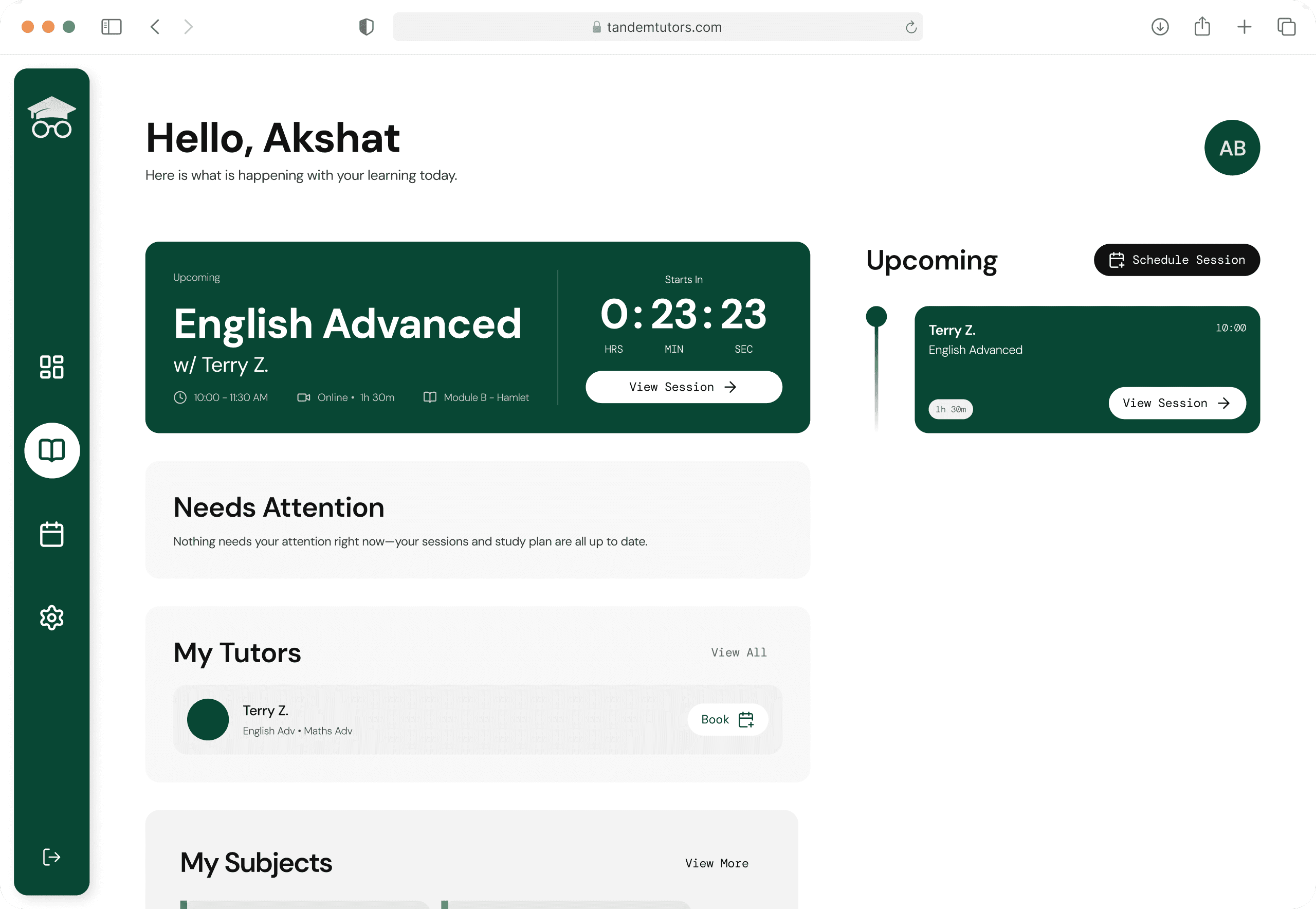 Student dashboard with upcoming session, subjects, and attendance