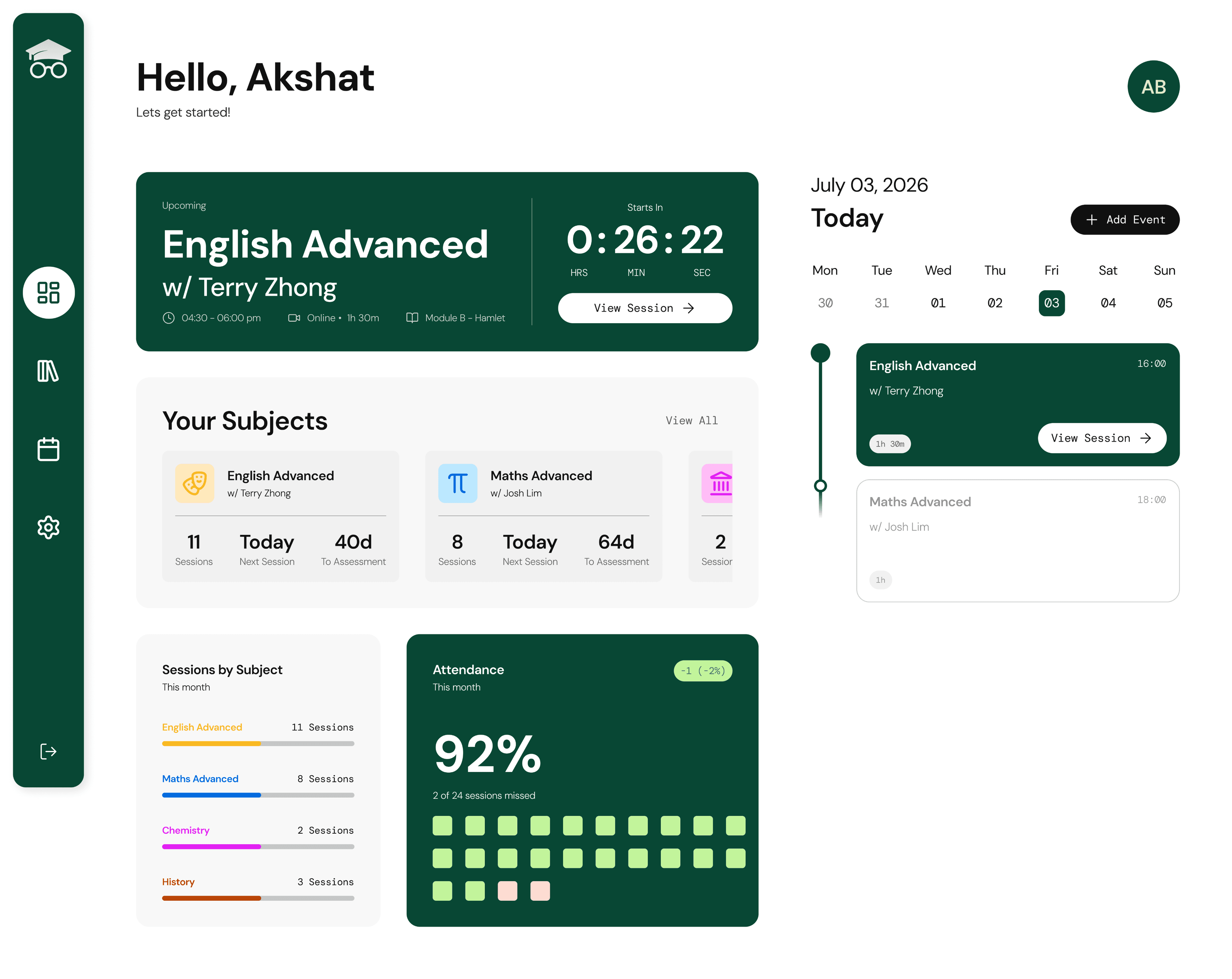 Student dashboard with upcoming session, subjects, and attendance