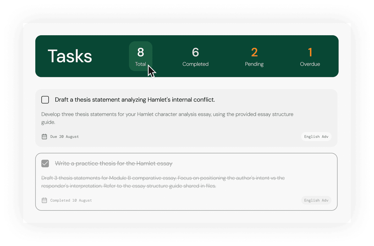 Student tasks overview
